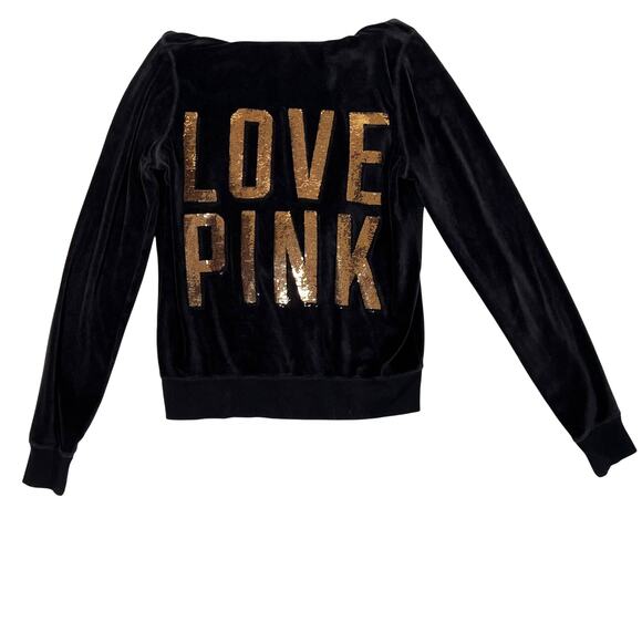 Victorias Secret PINK Hoodie Sequin Velour Womens Medium Black Bling Y2K Logo - Picture 1 of 7